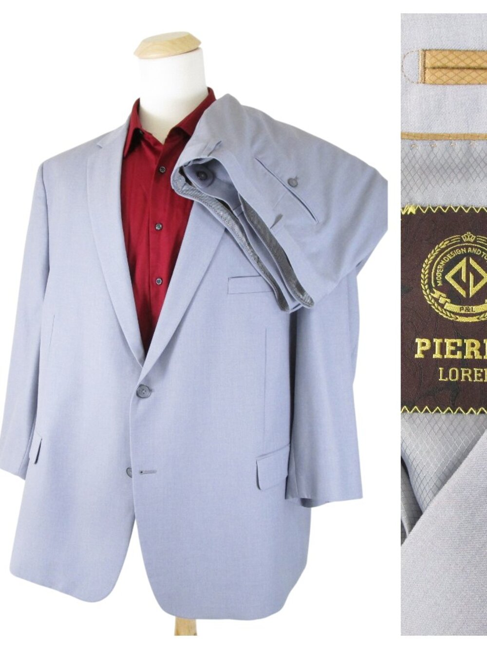 Pierre Loren Big & Tall Solid Light Gray Two Button Suit Size 56R Pants 52 X 29